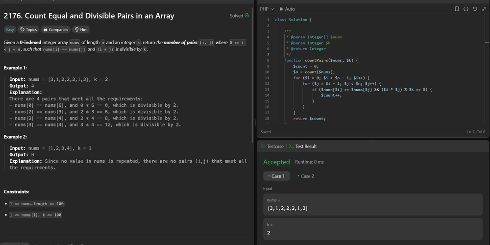 2176. Count Equal and Divisible Pairs in an Array