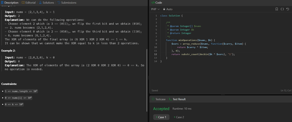 Cover image for 2997. Minimum Number of Operations to Make Array XOR Equal to K