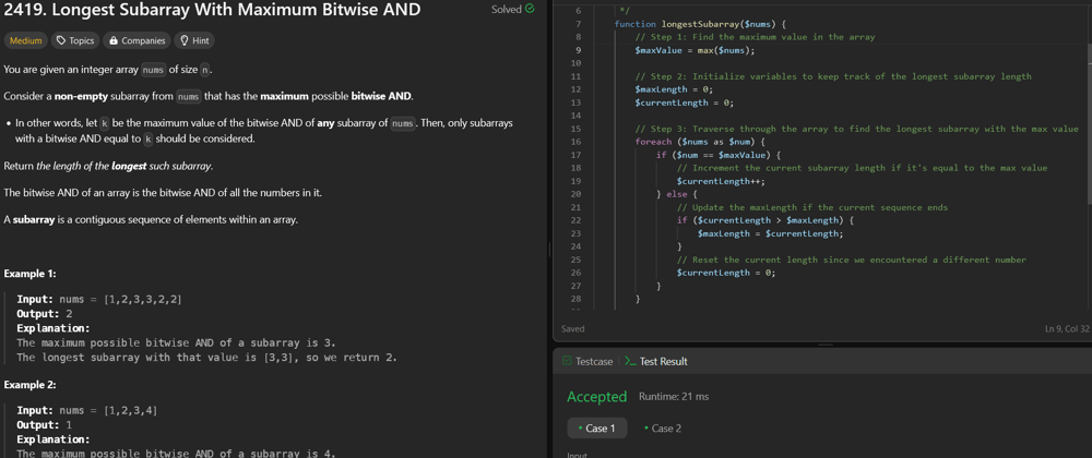 Cover image for 2419. Longest Subarray With Maximum Bitwise AND