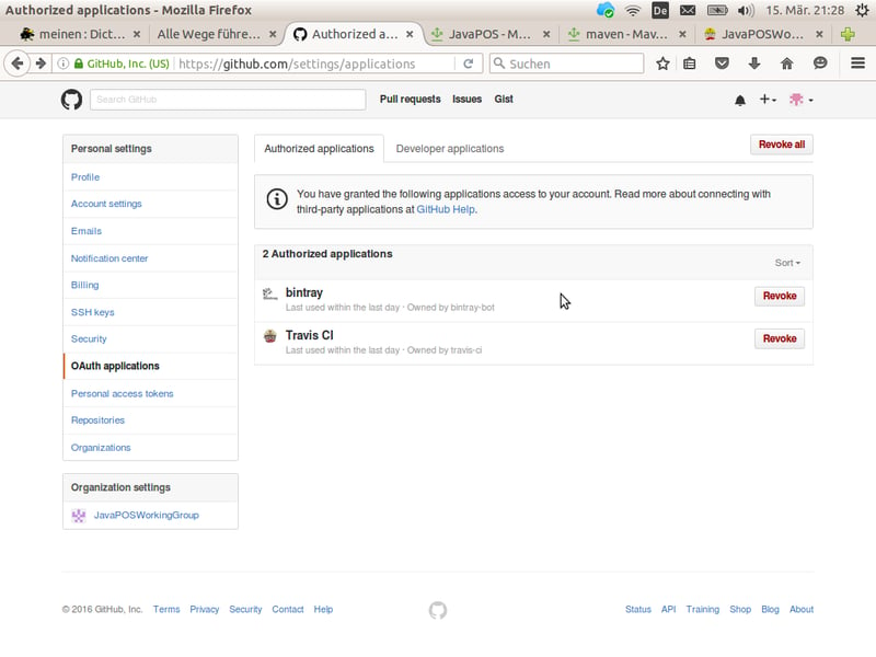 GitHub OAuth applications dialog