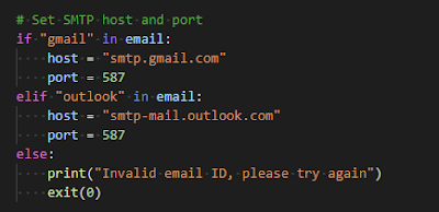 simple script to send emails in python - set host and<br>
port