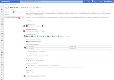 Screen capture showing the steps to create a SAS token