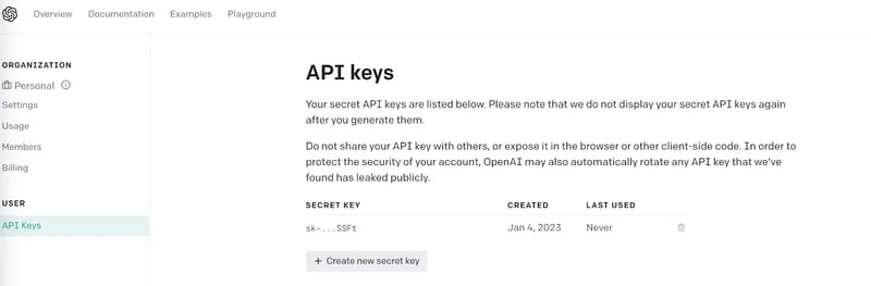 openAI API key page