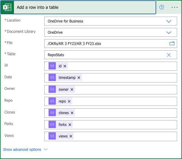 Entering information for the Excel Online connector