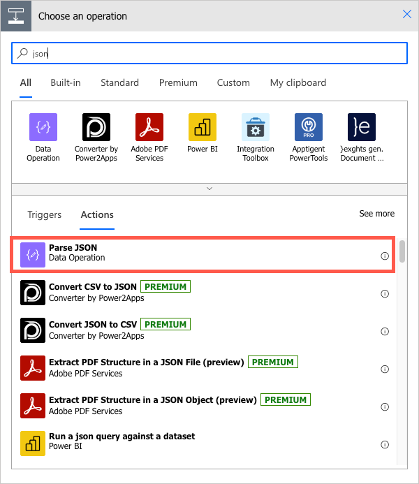 Selecting the Parse JSON action