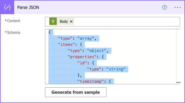 Generating a schema from JSON data in the Parse JSON action