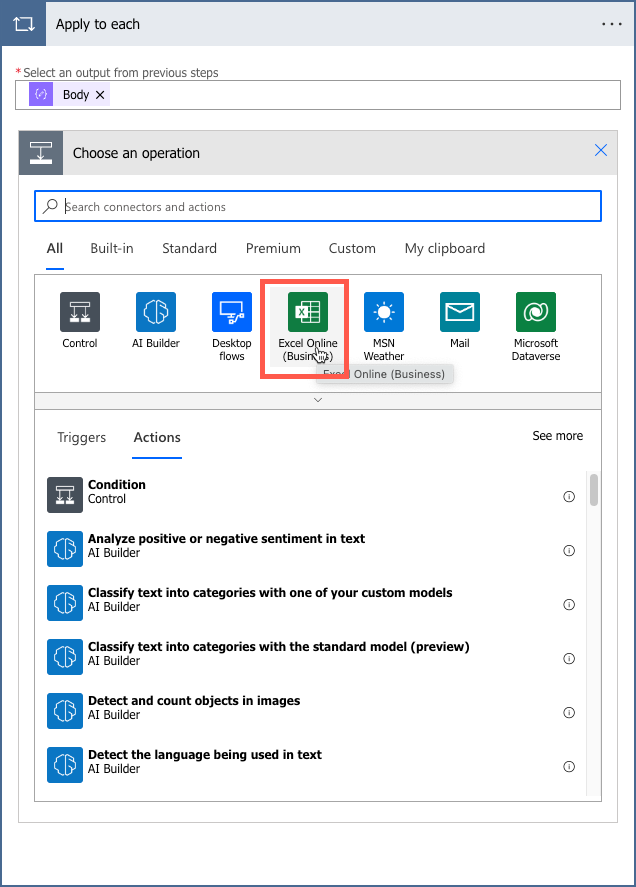 Selecting the Excel Online connector