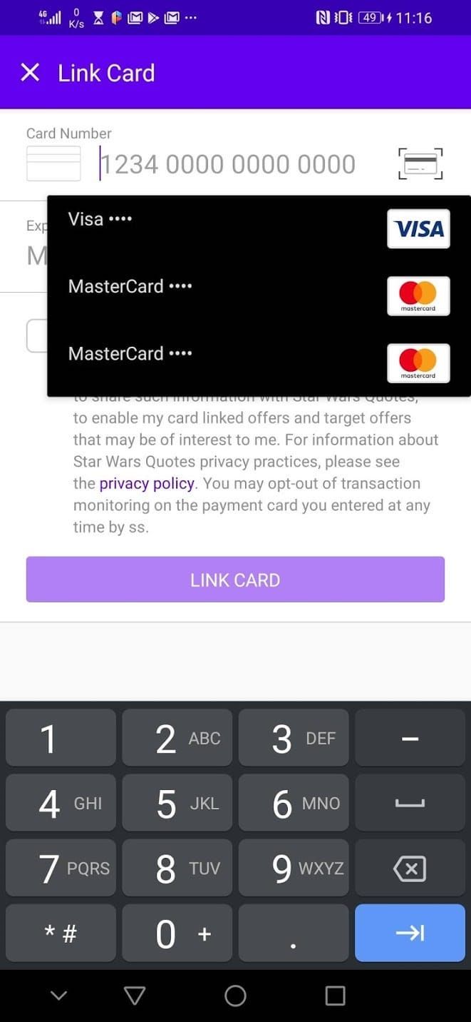 Screenshot of Fidel SDK running on an Android with Google Pay autofill