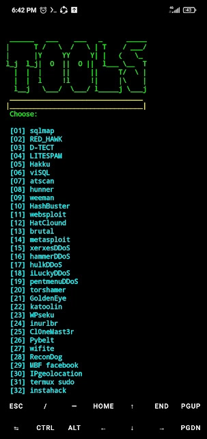 Image 1: A screenshot of a terminal interface showing a list of hacking tools under a heading 