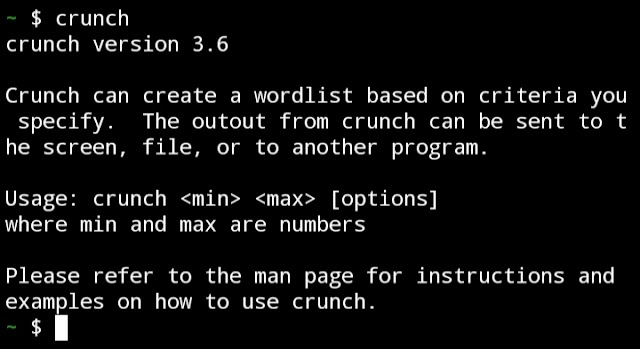 Termux terminal showing crunch command