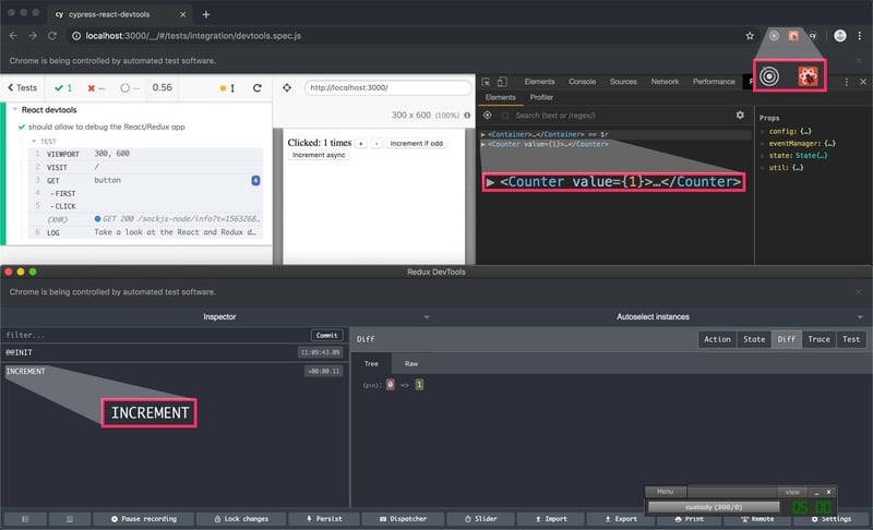 The React and Redux DevTools in action with Cypress (from the [cypress-react-devtools](https://github.com/NoriSte/cypress-react-devtools) repo)