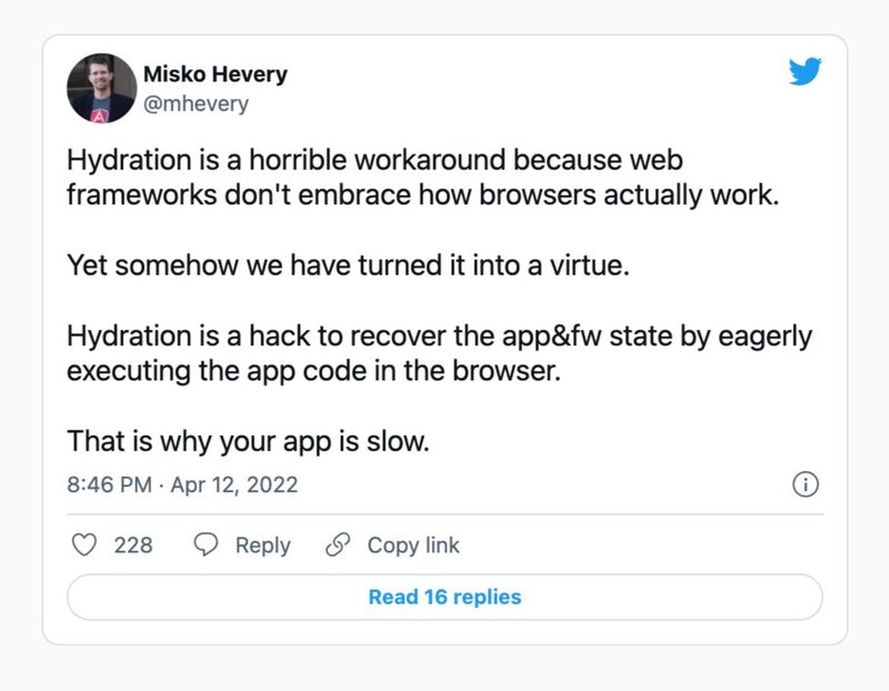 Misko Hevery tweet on how Hydration is a horrible workaround