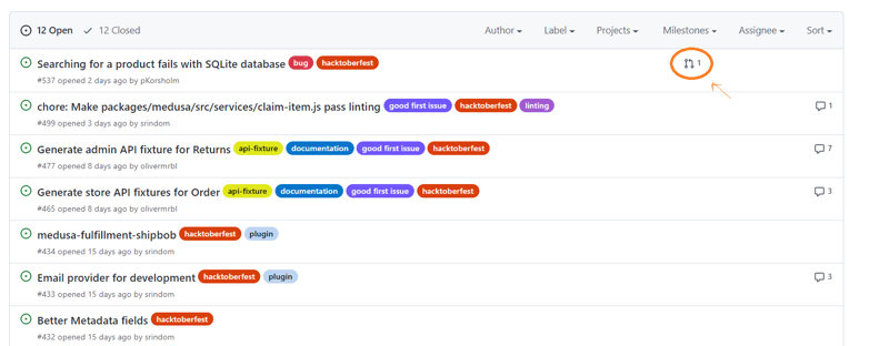 Pull request symbol circled below the milestone column of the issues table