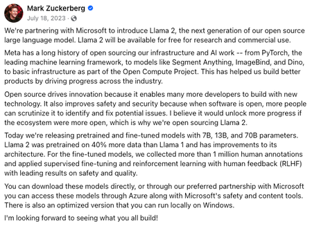 zuckerberg's post on opensourcing llama2