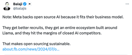 tweet about why meta is open sourcing llama