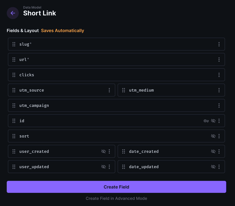 Create short link collection with necessary fields