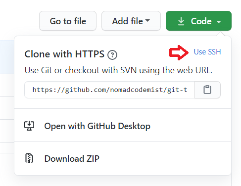 popup do link para copiar o repositório do github, com use SSH destacado