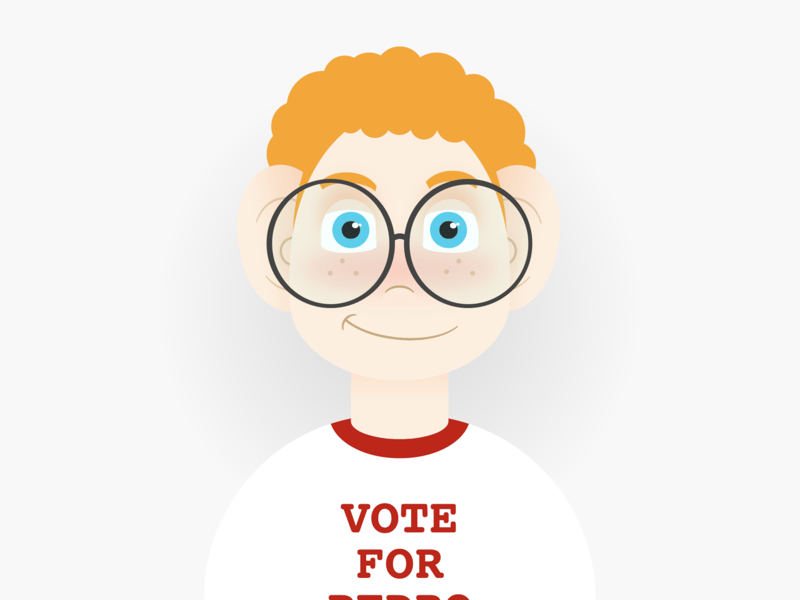 Cartoon of a ginger boy with curly hair, big glasses, and a t-shirt that reads 