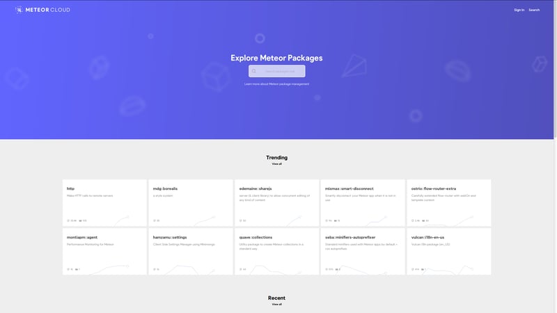 startpage of Meteor's custom package ecosystem