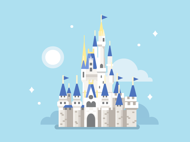 Cartoon of a castle that resembles the one from Disneyworld, with many towers and balconies