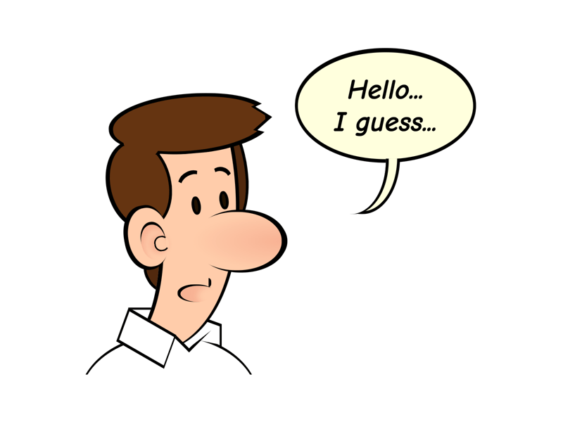 Cartoon showing a man with a speech bubble with the text 