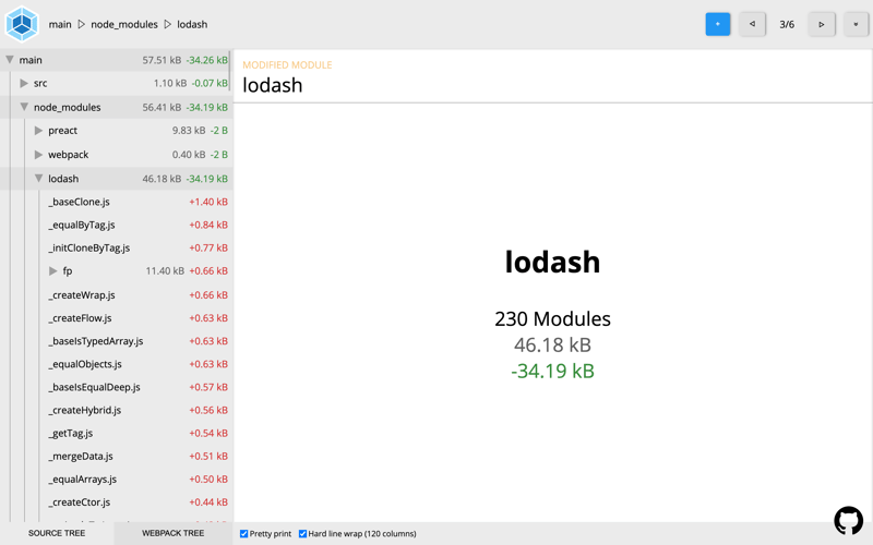 Webpack Stats Explorer showing the bundle shrinking after adding babel-plugin-lodash