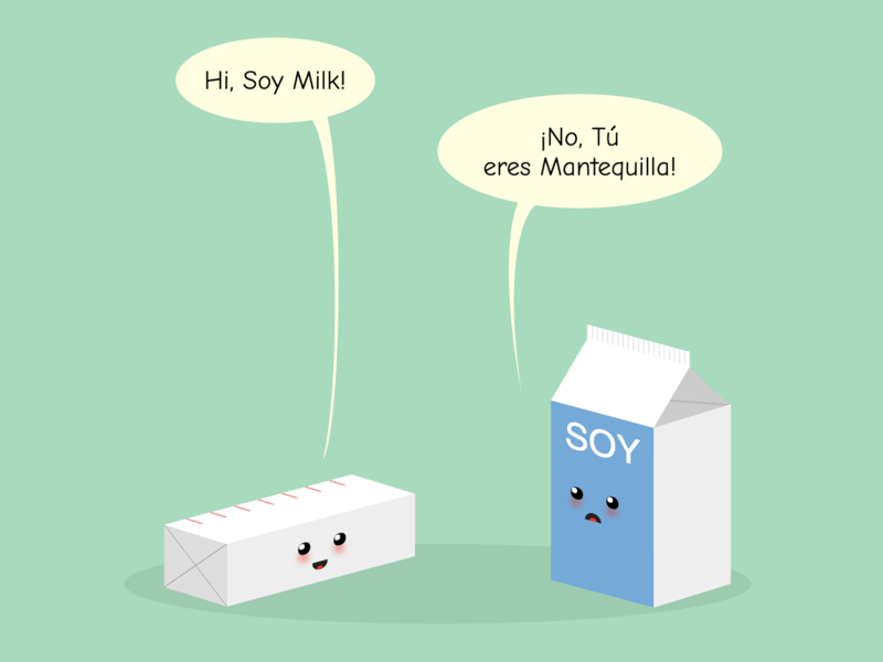 Cartoon with a stick of butter and a carton of soy milk. The stick of butter says 