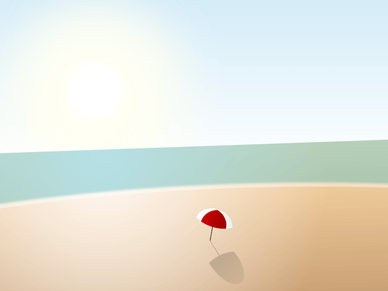 Cartoon of a beach with a sunset, and an umbrella open on the sand