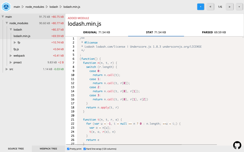 Webpack Stats Explorer showing added lodash library in the final bundle