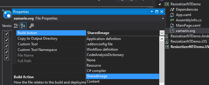 Image illustrant la configuration du build action