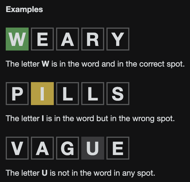 Green square means letter is in the right spot, yellow square means letter is in the word but in the wrong spot, gray means letter is not in the word