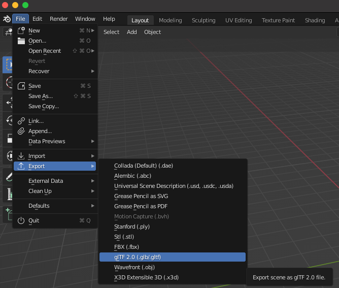 Exporting Menu Blender