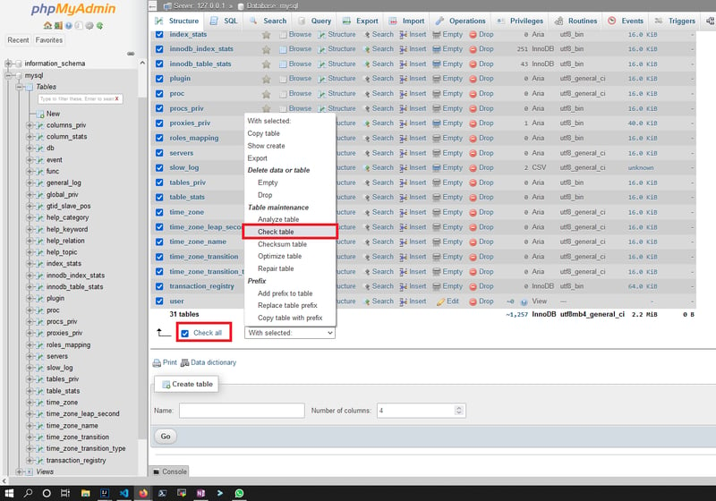 Checking the tables in phpmyadmin