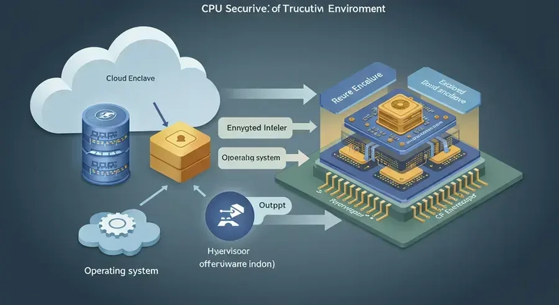 A conceptual diagram showing a secure enclave or Trusted Execution Environment (TEE) within a cloud server's CPU, with encrypted data entering and being processed securely within the enclave, isolated from the operating system, hypervisor, and other software layers. The output is re-encrypted as it leaves the enclave.