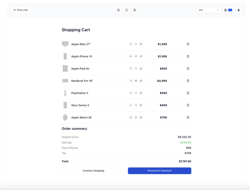 Tailwind CSS Shopping Cart with table