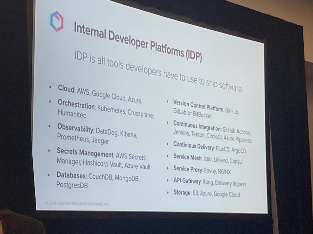 Slide showing Internal Developer Platforms (IDP) as the title. Mid text 