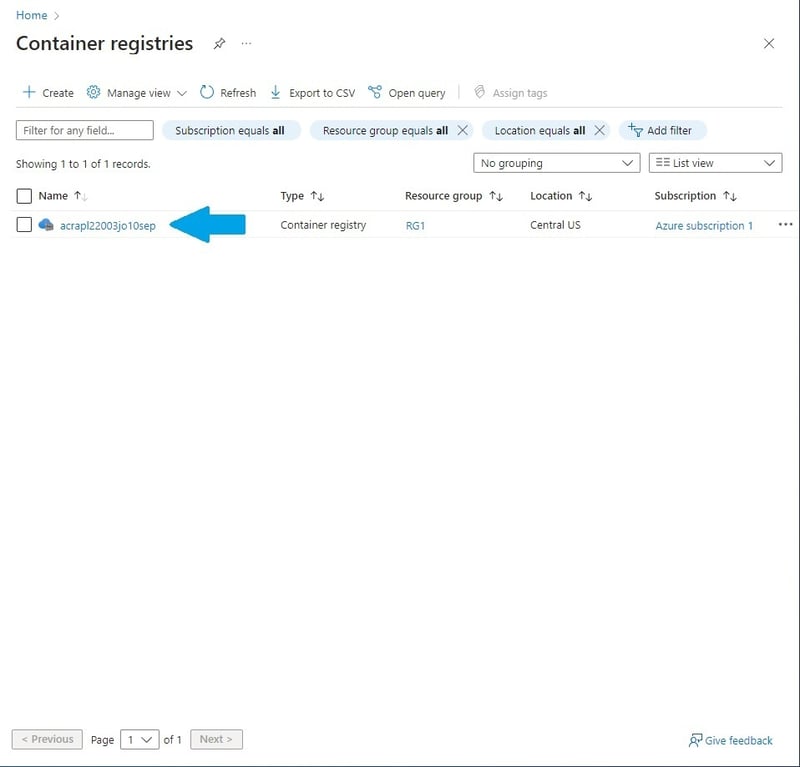 Clicking the Container Registry