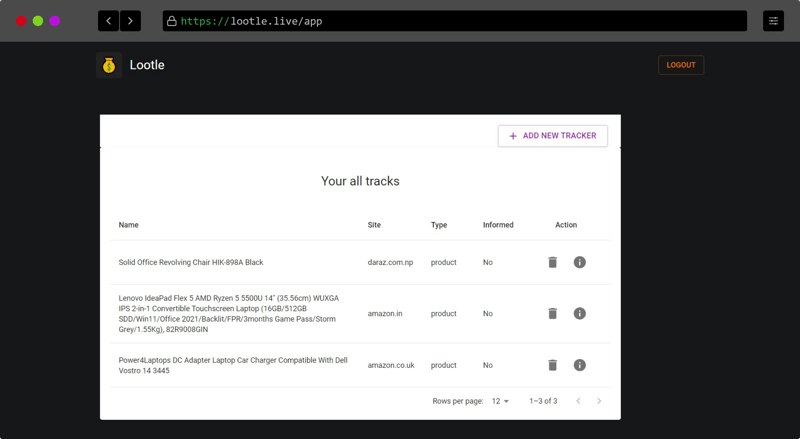 Lootle.live dashboard tracks