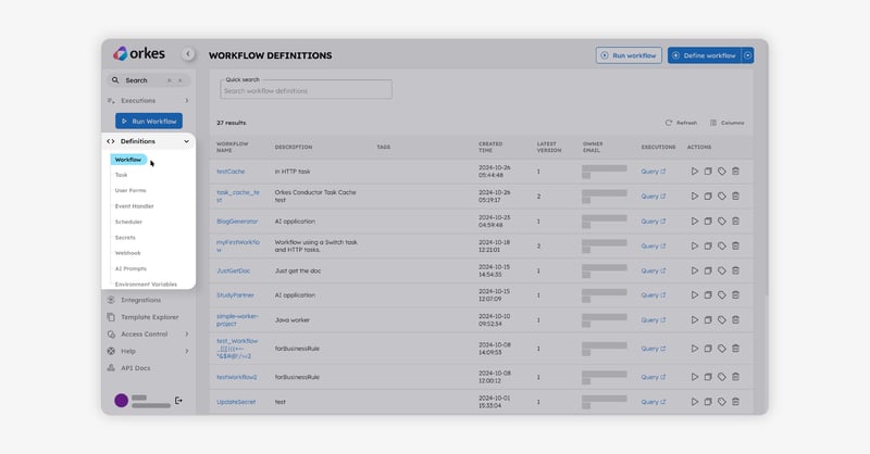 Screenshot of Conductor UI, showing the left navigation menu for Definitions > Workflow.