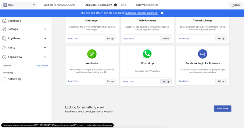 Image of facebook developers whatsapp cloud api dashboard