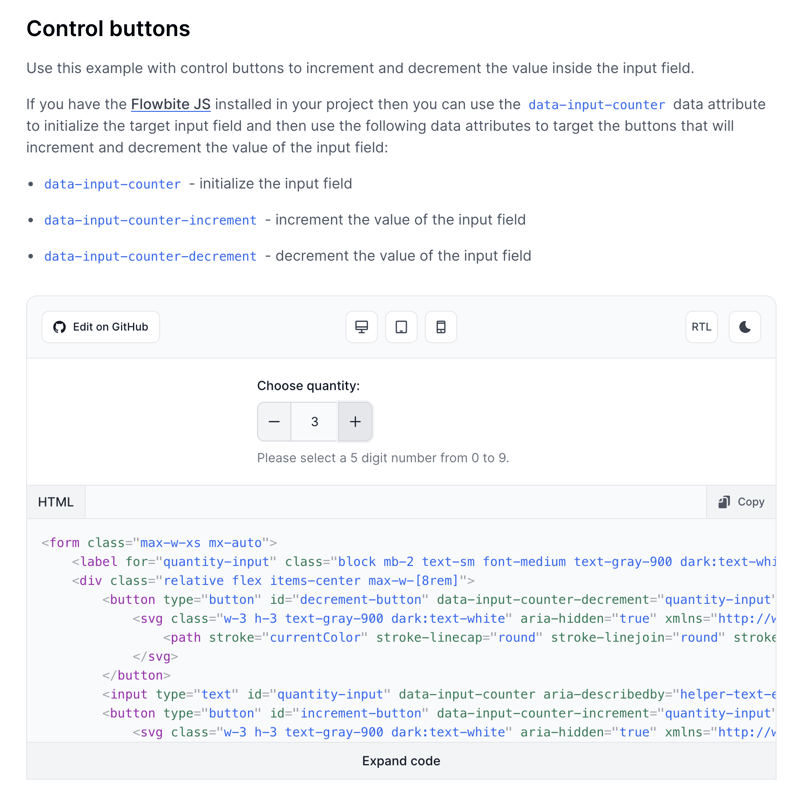 Tailwind CSS Control buttons number input - Flowbite