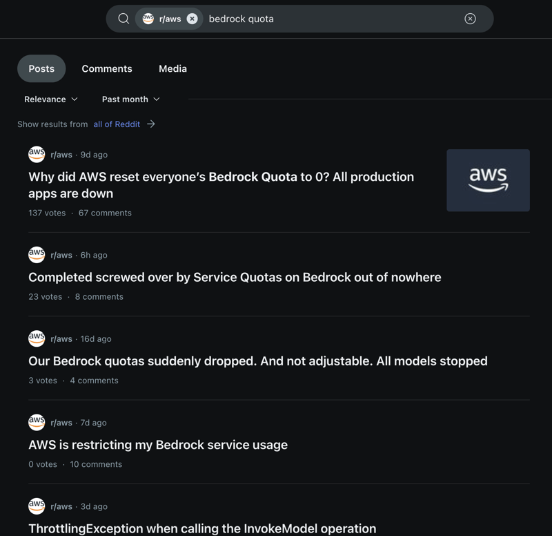 AWS Subreddit Bedrock quota