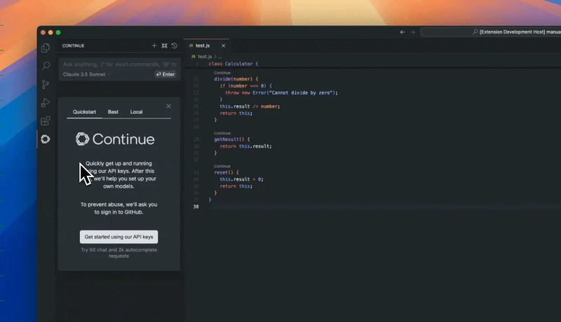 Giao diện Continue.dev trong VS Code