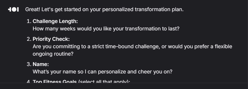 Screenshot: Runner H asking for transformation length and routine style