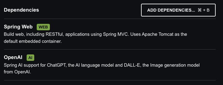 Adding dependencies Spring Web and OpenAI 