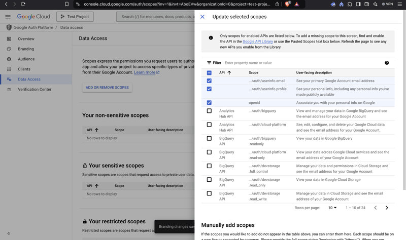 Set Up Google OAuth Scopes