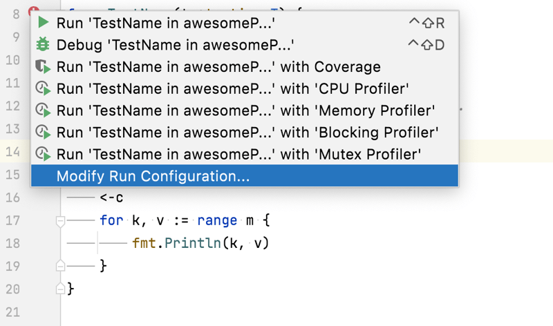 Gutter menu with the Modify Run Configuration entry