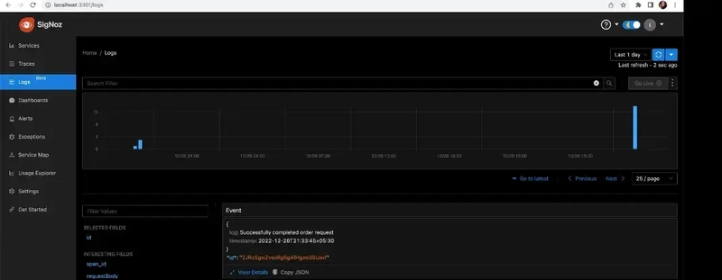 Log tab in the SigNoz dashboard.