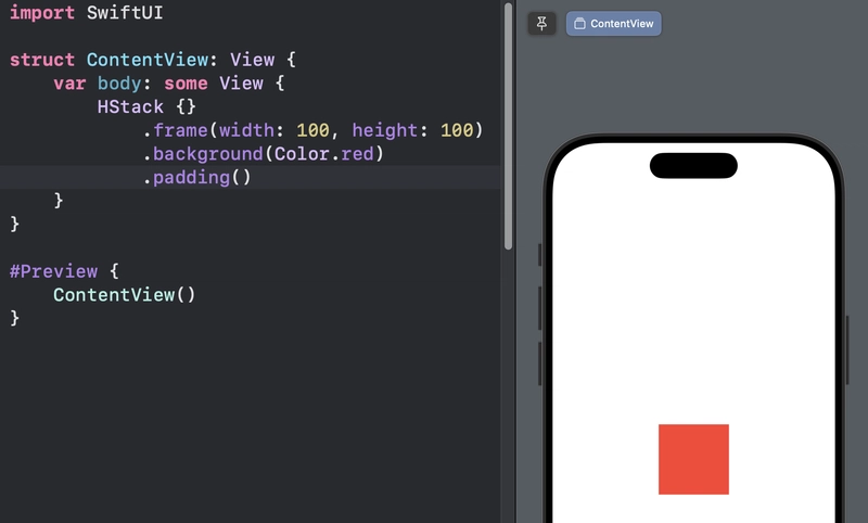 Xcode preview showing how a view with background and then padding is shown