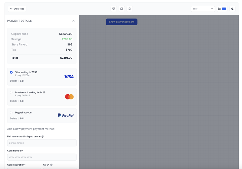 Tailwind CSS Payment form with drawer